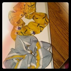 Yellow flowered scrunchie , grey with yellow strip